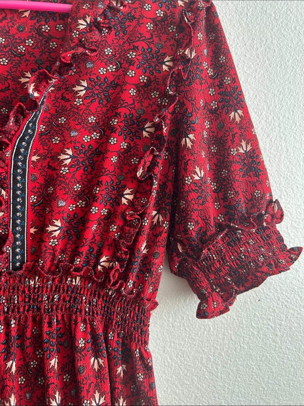 Max Studio Red Floral Bohemian Maxi Dress with Ruffle Neck - Picture 3 of 8